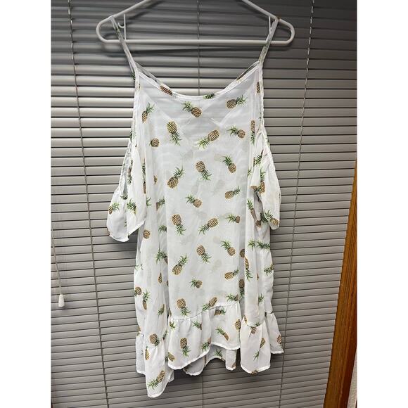 Seven Soft Pineapple Print Cold Shoulder Dress Large White Tropical Ruffle Hem - Picture 1 of 10